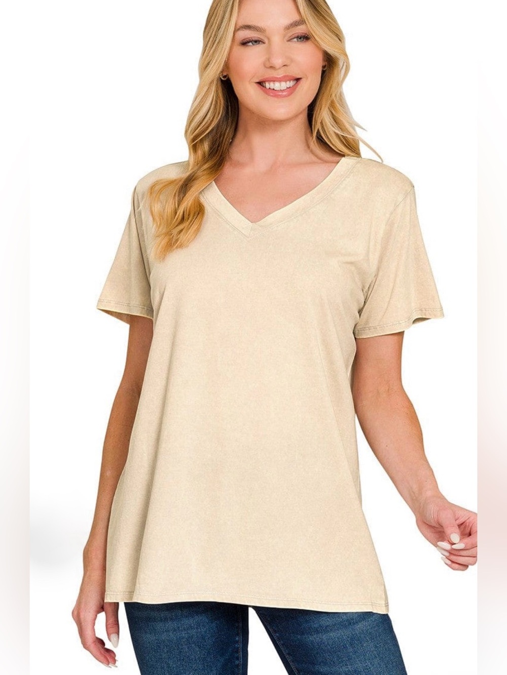 Plus Boyfriend V Neck Cotton Tee in Sand Beige by Zenana NEW